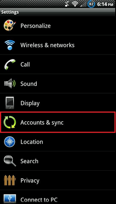 Android Home Screen, Accounts and Sync